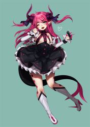 Rule 34 | 10s, 1girl, ;d, black dress, blue eyes, boots, claws, commentary, detached sleeves, dress, elizabeth bathory (fate), elizabeth bathory (fate/extra ccc), elizabeth bathory (first ascension) (fate), eyes visible through hair, fang, fate/extra, fate (series), flat chest, frilled dress, frills, full body, green background, hair ribbon, heart, high heel boots, high heels, horns, knee boots, long hair, looking at viewer, microphone, one eye closed, open mouth, pink hair, pointy ears, ribbon, simple background, smile, solo, tail, terupancake, twitter username, two side up, white footwear