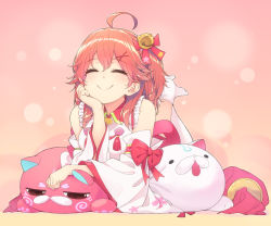 Rule 34 | 1girl, 35p (sakura miko), ahoge, bare shoulders, bell, cat, cherry blossom print, closed eyes, detached sleeves, floral print, hair bell, hair ornament, hairclip, hakui ami, hand on own chin, highres, hololive, kintoki (sakura miko), pink background, pink hair, sakura miko, sakura miko (1st costume), smile, virtual youtuber, white footwear, x hair ornament