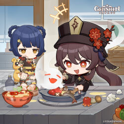 Rule 34 | 2girls, absurdres, bell, bell pepper, black footwear, black nails, blue hair, boo tao (genshin impact), bottle, bowl, braid, brown hair, carrot, chibi, commentary, cooking, copyright name, cracked egg, dot nose, english commentary, fish, flower, food, genshin impact, guoba (genshin impact), hair ornament, hair rings, hairclip, hat, hat flower, hat ornament, highres, holding, holding food, hu tao (genshin impact), indoors, jewelry, long hair, long sleeves, low twintails, multiple girls, mushroom, nail polish, no mouth, official art, open mouth, pepper, ring, standing, steam, sweat, sweatdrop, symbol-shaped pupils, tassel, twintails, v-shaped eyebrows, vision (genshin impact), xiangling (genshin impact)
