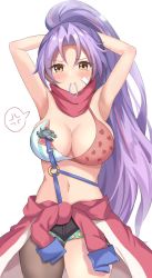 Rule 34 | 1girl, angry, armpits, blush, bra, breasts, highres, kamael (monster strike), large breasts, monster strike, navel, pantyhose, ponytail, purple hair, scarf, simple background, solo, stomach, thick thighs, thighs, underwear, watashi (kamachamakama), yellow eyes