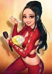 Rule 34 | 1girl, artist name, black hair, bowl, brown eyes, cleavage cutout, clothing cutout, cross-laced clothes, cross-laced pants, cross-laced sleeves, earrings, food, holding, holding bowl, holding microphone, holding spoon, jewelry, lips, long hair, mango, microphone, neoartcore, original, pants, red pants, rice, shadow, smile, solo, spoon, tan, thai commentary