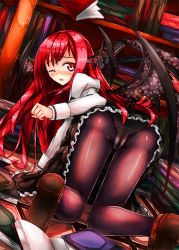 Rule 34 | 1girl, 90i, all fours, ass, bad id, bad pixiv id, bat wings, black pantyhose, blush, book, bookshelf, dress shirt, embodiment of scarlet devil, female focus, frills, from behind, head wings, koakuma, long hair, long sleeves, looking back, one eye closed, panties, panties under pantyhose, pantyhose, pantyshot, red eyes, red hair, shirt, shoes, skirt, solo, sparkle, touhou, underwear, upskirt, wince, wings, wink