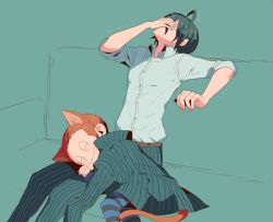 Rule 34 | 2boys, ahoge, animal ears, aqua background, aqua hair, belt, black jacket, black pants, blue pants, blue sleeves, blush stickers, brown belt, buttons, cat ears, cat tail, closed mouth, collared shirt, commentary request, couch, covering face, danganronpa (series), danganronpa v3: killing harmony, feet out of frame, half-closed eyes, hat, height difference, high collar, hoshi ryoma, huge ahoge, jacket, jacket on shoulders, kemonomimi mode, kogarashi 8, lap pillow invitation, long sleeves, male focus, multiple boys, nightcap, no headwear, orange headwear, pants, partial commentary, partially undressed, pinstripe jacket, pinstripe pants, pinstripe pattern, prison clothes, saihara shuichi, shirt, short hair, simple background, sitting, sleeves past elbows, smile, striped clothes, striped jacket, striped pants, tail, trembling, two-tone pants, vertical-striped clothes, vertical-striped jacket, vertical-striped pants, very wide shot, white shirt, white sleeves, yaoi
