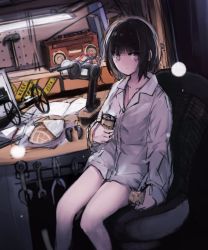 Rule 34 | 1girl, azarasi haru, bare legs, beer can, black hair, bread, can, caution tape, drink can, food, grey eyes, hammer, highres, holding, holding food, keep out, lamp, looking at viewer, melon bread, original, pliers, radio, shirt, short hair, sitting, solo, table, white shirt, workshop, wrench