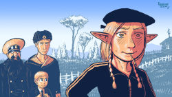 Rule 34 | 1girl, 3boys, adidas, black hair, blonde hair, braid, chilchuck tims, cigarette, closed mouth, contemporary, dungeon meshi, elf, fence, gopnik, hammer and sickle, hat, hindsart, laios touden, landscape, log cabin, marcille donato, military hat, multiple boys, peaked cap, pine tree, pointy ears, russia, senshi, senshi (dungeon meshi), smoking, soviet, tree