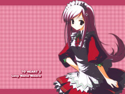 Rule 34 | 00s, 1girl, apron, black eyes, character name, copyright name, expressionless, flipped hair, hair ornament, hairclip, hairpin, hand on own hip, long hair, looking at viewer, lucy maria misora, maid, maid apron, maid headdress, neck ribbon, pink hair, puffy sleeves, red eyes, ribbon, solo, to heart (series), to heart 2, waitress, wallpaper