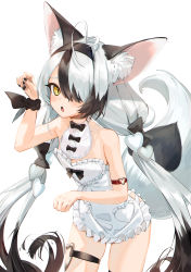 Rule 34 | 1girl, animal ear fluff, animal ears, antenna hair, apron, arm strap, bad id, bad pixiv id, black bow, black hair, black hairband, black nails, blush, boots, bow, breasts, commentary request, detached collar, frilled apron, frills, gotou (nekocat), hair bow, hair ornament, hair over one eye, hairband, heart, heart hair ornament, highres, long hair, multicolored hair, nail polish, naked apron, open mouth, original, paw pose, silver hair, simple background, slit pupils, solo, tail, thigh boots, thighhighs, two-tone hair, white apron, white background, yellow eyes
