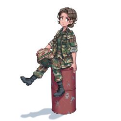 Rule 34 | 1girl, ammunition pouch, arm at side, arm rest, artist logo, black footwear, boots, brown eyes, brown hair, camouflage, camouflage headwear, camouflage jacket, cargo pants, chin strap, collared jacket, combat boots, combat helmet, commentary, cross-laced footwear, dark-skinned female, dark skin, drum (container), earrings, english commentary, full body, hair between eyes, hair ornament, hairclip, unworn headwear, helmet, unworn helmet, highres, holding, holding helmet, jacket, jewelry, load bearing vest, looking to the side, military, military jacket, military uniform, multicolored clothes, multicolored jacket, multicolored pants, multicolored vest, no bangs, original, ostwindprojekt, pants, pants tucked in, parted hair, pocket, pouch, scratches, shadow, short hair, signature, simple background, sitting, sitting on object, sleeves rolled up, solo, stud earrings, syria, syrian civil war, uniform, white background, woodland camouflage, zipper