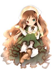 Rule 34 | 1girl, brown hair, chibi, dress, frills, full body, green dress, hat, headdress, heterochromia, long hair, looking at viewer, rozen maiden, shoes, simple background, smile, solo, suiseiseki, tousen, very long hair, watering can, white background