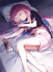 Rule 34 | 1girl, bare legs, bed sheet, black shirt, blue hair, blue nails, blush, breasts, character print, closed eyes, colored inner hair, commentary request, feet out of frame, highres, hololive, long hair, lying, medium breasts, midriff, minato aqua, multicolored hair, nail, nail polish, navel, neko (minato aqua), nintendo switch, on bed, on side, parted lips, pillow, pink hair, pink shorts, shirt, shishou (doragyurosu), short shorts, shorts, sleeping, solo, thighs, virtual youtuber