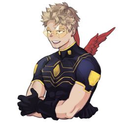 Rule 34 | 1boy, blonde hair, boku no hero academia, cropped torso, facial hair, feathered wings, forked eyebrows, goatee, hawks (boku no hero academia), highres, kogu (nue insideout), male focus, messy hair, mini wings, red wings, shirt, short hair, sideburns, smile, stubble, toned, toned male, wings