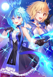 2girls ;d ahoge archetype_earth arcueid_brunestud black_dress black_gloves blonde_hair blue_eyes blue_fire blue_hair breasts c.i.e.l_(fate) c.i.e.l_(third_ascension)_(fate) ciel_(tsukihime) cleavage clothing_cutout detached_sleeves dress fate/grand_order fate_(series) fire flower full_moon fuyuki_(neigedhiver) gloves hair_flower hair_ornament hand_on_own_chest hand_up highres looking_at_viewer moon multiple_girls one_eye_closed open_mouth reaching reaching_towards_viewer red_eyes short_hair smile sparkle teeth tsukihime tsukihime_(remake) upper_teeth_only v white_dress