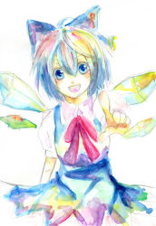 Rule 34 | 1girl, ahoge, bad id, bad pixiv id, cirno, colorful, dress, female focus, haruto (artist), painting (medium), solo, touhou, traditional media, watercolor (medium), white background