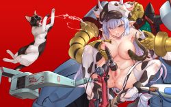 Rule 34 | 1girl, amiba (nerdamiba), animal ears, animal print, anus, bdsm, biting, black footwear, blue hair, blush, bondage, bound, breasts, cat, catura (granblue fantasy), chinese new year, clitoral stimulation, clitoris, clothing cutout, commentary, cow ears, cow hat, cow print, cow tail, detached sleeves, drooling, ear piercing, earrings, fish, full body, geta, getter robo, goby, grabbing, grabbing another&#039;s breast, grabbing from behind, granblue fantasy, hair between eyes, heart, heart-shaped pupils, highres, jewelry, lactation, large breasts, light blue hair, long hair, new getter robo, nipple biting, nipple stimulation, nipples, no panties, open mouth, orange eyes, piercing, platform clogs, platform footwear, print thighhighs, pussy, pussy juice, red background, robot, saliva, sex machine, sex toy, simple background, skindentation, solo, spread legs, straight hair, suspension, sweat, symbol-shaped pupils, tabi, tail, thigh cutout, thighhighs, thighs, tongue, trembling, uncensored, vibrator, what
