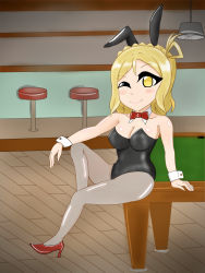 Rule 34 | 1girl, animal ears, artist name, artist request, bare shoulders, billboard, black dress, blonde hair, blush, bow, braid, breasts, brown eyes, chibi, collarbone, collared dress, crown braid, dress, fake animal ears, female focus, full body, grey pantyhose, hair rings, high heels, highres, indoors, leotard, looking at viewer, love live!, love live! sunshine!!, ohara mari, one eye closed, pantyhose, parted lips, playboy bunny, rabbit ears, red bow, red footwear, short hair, sitting, sitting on table, small breasts, smile, solo, sushi samrai, table, yellow eyes