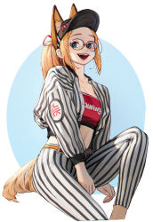 Rule 34 | 1girl, belt, blonde hair, blue eyes, feet out of frame, glasses, hat, highres, invisible chair, long hair, long sleeves, midriff, navel, open clothes, open mouth, open shirt, original, pants, ponytail, rinotuna, shirt, sidelocks, sitting, smile, solo, striped clothes, striped pants, striped shirt, very long hair
