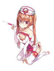 Rule 34 | 1girl, bare shoulders, blush, breasts, cleavage, cleavage cutout, closed mouth, clothing cutout, collarbone, cross cutout, dress, elbow gloves, fingerless gloves, glasses, gloves, hair between eyes, hand up, hat, highres, holding, holding syringe, kneeling, large breasts, light brown hair, long hair, low twintails, newey, no shoes, nose blush, nurse, nurse cap, original, red-framed eyewear, red eyes, short dress, simple background, soles, solo, stirrup legwear, strapless, strapless dress, syringe, toeless legwear, twintails, very long hair, white background, white dress, white gloves, white hat, white legwear