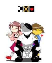 Rule 34 | 1boy, 1girl, androgynous, baseball uniform, braid, brown hair, child, closed eyes, colored skin, crossover, frisk (undertale), heart, kneehighs, madotsuki, monochrome, multiple crossover, off (game), pale skin, pink shirt, shirt, simple background, skirt, socks, sportswear, squatting, sweater, the batter (off), trait connection, twin braids, twitter username, undertale, v, white background, white skin, yellow skin, yume nikki