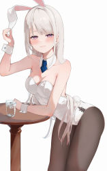 Rule 34 | 1girl, animal ears, armpit crease, auui, bare arms, blue necktie, blush, breasts, brown pantyhose, cleavage, collar, cowboy shot, detached collar, elbow rest, fake animal ears, fake tail, glass, hand up, highres, holding ear, leaning on table, leotard, long hair, looking at viewer, medium breasts, necktie, original, pantyhose, playboy bunny, purple eyes, rabbit ears, rabbit tail, short necktie, simple background, smile, solo, strapless, strapless leotard, table, tail, thighs, very long hair, white background, white collar, white hair, white leotard, wrist cuffs