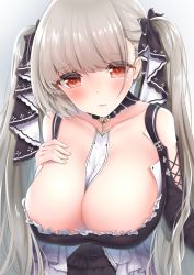 Rule 34 | 1girl, areola slip, azur lane, between breasts, black dress, blush, breasts, cleavage, collarbone, commentary request, dress, earrings, formidable (azur lane), frilled dress, frills, grey hair, hair ornament, hair ribbon, highres, huge breasts, jewelry, long hair, looking at viewer, red eyes, ribbon, sidelocks, solo, touwa iyo, twintails, upper body