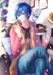 Rule 34 | 1boy, akiyoshi (tama-pete), anniversary, blue eyes, blue hair, cake, cat, chocolate, commentary, cowboy shot, cushion, doily, earrings, flower, food, fork, fruit, head tilt, holding, holding fork, holding plate, indoors, jacket, jewelry, kaito (vocaloid), leaf, crossed legs, looking at viewer, male focus, neck ribbon, pants, petals, phonograph, picture frame, plaid, plaid scarf, plate, ribbon, scarf, seat, short hair, sitting, strawberry, swiss roll, utensil in mouth, vocaloid, whipped cream