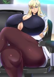 Rule 34 | 1girl, blonde hair, blue eyes, breasts, chair, cleavage, crossed arms, crossed legs, gigantic breasts, highres, matsumoto katsuya, office, office chair, office lady, original, shirt, smile, swivel chair, tagme, thick thighs, thighs, tight clothes, tight shirt