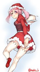 Rule 34 | 10s, 1girl, anger vein, angry, blush, cake, covering privates, covering ass, food, from below, fur trim, hair bobbles, hair ornament, hat, kantai collection, leg up, long sleeves, maid, nazunakku, pink eyes, pink hair, puffy long sleeves, puffy sleeves, santa costume, santa hat, sazanami (kancolle), solo, thighhighs, twintails, twitter username, white thighhighs