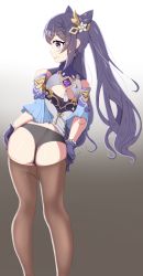Rule 34 | 1girl, absurdres, ass, bare shoulders, blush, clothes pull, dodri, embarrassed, from behind, genshin impact, gloves, hair ornament, highres, keqing (genshin impact), long hair, looking back, looking down, panties, pantyhose, pantyhose pull, purple eyes, purple hair, shiny skin, solo, twintails, underwear, very long hair
