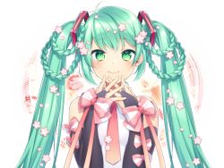 Rule 34 | 1girl, bad id, bad pixiv id, bare shoulders, blush, bow, braid, braided hair rings, bridal gauntlets, closed mouth, commentary request, green eyes, green hair, hair ornament, hair rings, hatsune miku, levka, long hair, looking at viewer, necktie, pink bow, pink necktie, shirt, sidelocks, sleeveless, sleeveless shirt, smile, solo, striped, striped bow, twintails, very long hair, vocaloid, white background, white shirt