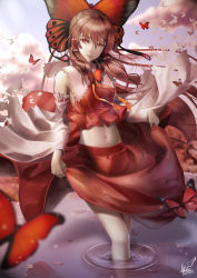 Rule 34 | 1girl, absurdres, brown eyes, brown hair, butterfly, butterfly hair ornament, cloud, cloudy sky, dated, detached sleeves, hair ornament, hair tubes, hakurei reimu, highres, lepus, leung lik hang, long hair, reflection, sky, solo, standing, standing on liquid, touhou, water