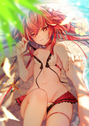 Rule 34 | 1girl, beach, bikini, bikini skirt, breasts, fate/grand order, fate/grand order arcade, fate (series), feet out of frame, flower, highres, long hair, looking at viewer, lying, on back, orange eyes, orange hair, parted lips, pov, pov hands, red skirt, sand, satoimo (3311 mi), sita (fate), skirt, small breasts, smile, solo, swimsuit, twintails, untied bikini, white bikini, yellow flower