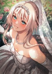 Rule 34 | 1girl, absurdres, bad id, bad twitter id, bare shoulders, blonde hair, blue eyes, blush, breasts, bridal veil, character request, copyright request, dress, elbow gloves, flower, from above, gloves, grin, hair flower, hair ornament, half updo, high ponytail, highres, jewelry, necklace, pearl necklace, sakaki rin, sidelocks, small breasts, smile, strapless, strapless dress, veil, wedding dress, white dress