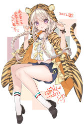 Rule 34 | 1girl, animal hood, black footwear, braid, breasts, chinese zodiac, crop top, dated, full body, hair between eyes, hands up, hood, ito noizi, knees together feet apart, long hair, looking at viewer, original, pleated skirt, purple eyes, sailor collar, shirt, signature, sitting, skirt, small breasts, smile, solo, tail, tiger hood, tiger tail, twin braids, w arms, white hair, white shirt, year of the tiger
