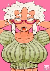 Rule 34 | 1girl, arms behind head, breasts, colored skin, crop top, glasses, huge breasts, impossible clothes, impossible shirt, looking at viewer, midriff, oni, open mouth, original, pink-framed eyewear, pink eyes, red oni, red skin, san mamiya, semi-rimless eyewear, shirt, short hair, sidelocks, solo, striped clothes, striped shirt, toned, under-rim eyewear, vertical stripes, white hair