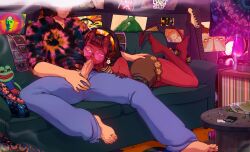 Rule 34 | 1boy, 1girl, barefoot, belt, bottle, brown hair, brown skirt, can, colored skin, couch, demon girl, demon horns, demon tail, fellatio, glasses, guitar, hetero, highres, holding, horns, indoors, instrument, lava lamp, marijuana, meruccubus (merunyaa), merunyaa, multicolored shirt, open pants, oral, original, pants, penis, pepe the frog, pointy ears, poster (object), red skin, round eyewear, shirt, skirt, striped clothes, striped shirt, table, tail, torn clothes, torn pants