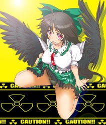 Rule 34 | 1girl, :3, :p, ahoge, bare legs, barefoot, between breasts, bird wings, black wings, bow, bow panties, breasts, brown hair, cape, caution, clothes lift, collared shirt, covered erect nipples, feathered wings, frilled shirt, frilled shirt collar, frilled skirt, frills, from above, full body, green bow, green panties, green skirt, hair bow, lifting own clothes, long hair, looking at viewer, looking up, nakamura 3sou, panties, puffy short sleeves, puffy sleeves, radiation symbol, red eyes, reiuji utsuho, shirt, short sleeves, sitting, skirt, skirt lift, smile, solo, third eye, tongue, tongue out, touhou, underwear, wariza, white cape, white shirt, wing collar, wings