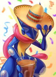Rule 34 | 1boy, absurdres, arm up, blue skin, blurry, blurry background, chocolate milk, clothed pokemon, colored skin, confetti, creatures (company), cup, drink, drinking glass, furry, furry male, game freak, gen 6 pokemon, gradient background, greninja, hand up, happy, hat, highres, holding, holding clothes, holding drink, holding drinking glass, holding hat, looking at viewer, male focus, miitara, multicolored skin, nintendo, one eye closed, pokemon, pokemon (creature), red eyes, reptile boy, shiny skin, solo, sombrero, standing, tongue, tongue out, two-tone skin, wink, yellow background, yellow hat, yellow skin