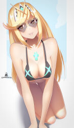 Rule 34 | 1girl, absurdres, artist name, bare shoulders, black bra, blonde hair, blue sky, bottomless, bra, breasts, cleavage, cloud, collarbone, commentary, core crystal (xenoblade), eyelashes, grey background, highres, kneeling, large breasts, long hair, mythra (xenoblade), sky, solo, sunglasses, tiara, tongue, tongue out, underwear, xenoblade chronicles (series), xenoblade chronicles 2, yellow eyes, zambonito
