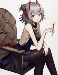 Rule 34 | 1girl, absurdres, alternate costume, alternate hairstyle, antenna hair, arknights, armchair, bare arms, bare shoulders, black dress, black pantyhose, breasts, chair, clothing cutout, crossed legs, cup, demon girl, demon horns, demon tail, dress, drink, drinking glass, feet out of frame, hair bun, highres, holding, holding cup, horns, jewelry, kokao358, medium breasts, multicolored hair, necklace, pantyhose, parted lips, red eyes, red hair, short hair, sideboob, silver hair, simple background, single hair bun, sitting, smile, solo, tail, tail through clothes, two-tone hair, w (arknights), white background