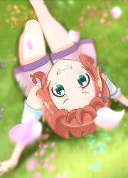 Rule 34 | 1girl, absurdres, blurry, blurry background, clothing cutout, commentary, day, from above, grass, green eyes, grin, head back, highres, inukai iroha, looking at another, medium hair, noe graphics, open mouth, outdoors, petals, pink shorts, precure, red hair, shirt, short sleeves, shorts, shoulder cutout, sitting, smile, solo, white shirt, wonderful precure!