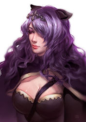 Rule 34 | 1girl, artist request, breasts, camilla (fire emblem), capelet, cleavage, fire emblem, fire emblem fates, fire emblem heroes, hair over one eye, highres, ivetto, large breasts, long hair, looking to the side, nintendo, purple eyes, purple hair, solo, tiara, upper body, wavy hair