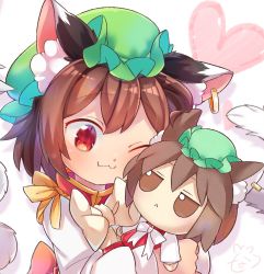 Rule 34 | 1girl, :&lt;, ;3, animal ear fluff, animal ears, artist logo, blush, brown eyes, brown hair, cat ears, cat tail, character doll, chen, commentary request, doll, earrings, fang, fang out, fumo (doll), gold trim, green hat, happy, hat, heart, holding, holding doll, ibaraki natou, jewelry, mob cap, multiple tails, nekomata, one eye closed, red skirt, red vest, ribbon, shirt, short hair, simple background, single earring, skirt, smile, solo, standing, tail, touhou, two tails, upper body, vest, white background, white neckwear, white shirt, white sleeves, yellow neckwear, yellow ribbon