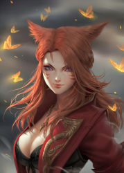 Rule 34 | 1girl, animal ears, warrior of light (ff14), blurry, blurry background, breasts, bug, butterfly, cat ears, chuby mi, cleavage, facial mark, final fantasy, final fantasy xiv, highres, insect, jewelry, lips, long hair, looking at viewer, medium breasts, miqo&#039;te, necklace, purple eyes, red hair, slit pupils, smile, solo, upper body, whisker markings