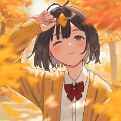 Rule 34 | 1girl, autumn leaves, blush, bow, bowtie, brown eyes, brown hair, buttons, closed mouth, collared shirt, ginkgo leaf, hand on own head, holding, holding leaf, kyak bamboo, leaf, light smile, long sleeves, looking at viewer, one eye closed, original, outdoors, red bow, red bowtie, school uniform, shirt, short hair, solo, sweater, tree, upper body, white shirt, yellow sweater