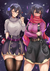 Rule 34 | 2girls, absurdres, alternate costume, belt, black legwear, black skirt, blush, breasts, closed mouth, corruption, dark persona, dual persona, fire emblem, fire emblem heroes, grey sweater, grima (fire emblem), heart, highres, intelligent systems, large breasts, looking at viewer, looking away, morgan (female) (fire emblem), morgan (fire emblem), multiple girls, nintendo, one eye closed, possessed, possession, purple eyes, purple hair, red eyes, red scarf, ribbed sweater, scarf, shiny skin, short hair, skirt, smile, sweater, thighhighs, turtleneck, turtleneck sweater, v, zet (twt zet)