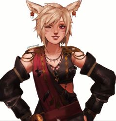 Rule 34 | 1girl, warrior of light (ff14), blonde hair, detached sleeves, earrings, facial mark, fictional persona, final fantasy, final fantasy xiv, grin, hands on own hips, highres, jewelry, miqo&#039;te, necklace, one eye closed, purple eyes, smile, tank top, whisker markings, wink