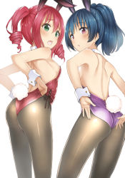 Rule 34 | 2girls, adjusting clothes, adjusting leotard, animal ears, ass, bare arms, bare shoulders, blue hair, blush, breasts, brown eyes, brown legwear, collar, commentary request, detached collar, fake animal ears, from behind, from below, green eyes, hair between eyes, high ponytail, kurosawa ruby, leotard, looking at viewer, looking back, looking down, love live!, love live! sunshine!!, multiple girls, open mouth, pantyhose, parted lips, playboy bunny, ponytail, purple leotard, rabbit ears, rabbit tail, red hair, red leotard, ringlets, sakasa (guranyto), simple background, small breasts, strapless, strapless leotard, tail, teeth, tsushima yoshiko, twintails, upper teeth only, white background, white collar, wrist cuffs