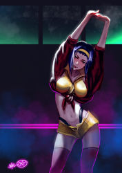 Rule 34 | 1girl, arms up, breasts, character watermark, contrapposto, cowboy bebop, faye valentine, front-tie top, green eyes, hairband, highleg, highleg panties, justin leyva (steamy tomato), large breasts, lips, lipstick, makeup, navel, open fly, panties, pink thighhighs, purple hair, short hair, short shorts, shorts, signature, solo, standing, stretching, thighhighs, underwear, window, yellow shorts
