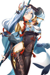 Rule 34 | 1girl, absurdres, armor, blue eyes, bodysuit, braid, breast curtains, breasts, clothing cutout, detached sleeves, elbow gloves, fingerless gloves, genshin impact, gloves, hair over one eye, highres, legs together, looking at viewer, low-braided long hair, low-tied long hair, murakami yuichi, one eye covered, pole, shenhe (genshin impact), side cutout, silver hair, solo, thighs