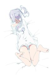Rule 34 | 1girl, absurdres, alternate costume, barefoot, bed sheet, commentary, elf, feet, frieren, from behind, full body, highres, legs up, long hair, lying, misskiwi, no pants, off shoulder, on stomach, panties, pointy ears, shirt, single bare shoulder, solo, sousou no frieren, striped clothes, striped panties, symbol-only commentary, twintails, underwear, white hair, white panties, white shirt